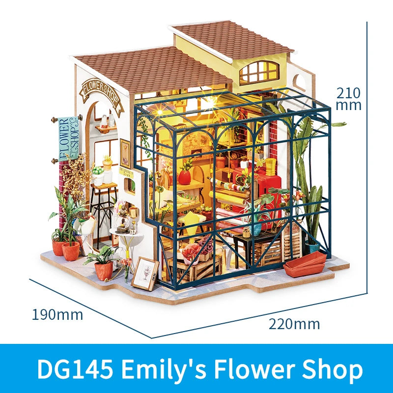 Miniature DG145 Emily's Flower Shop model kit with glasshouse and potted plants