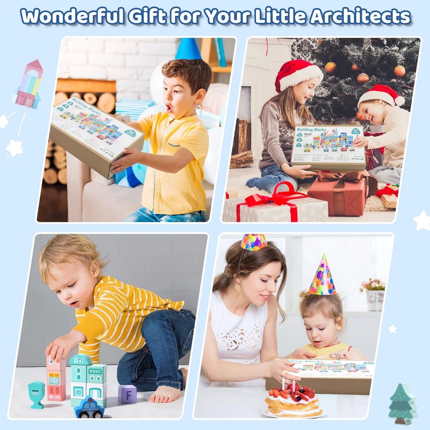 Kids opening and playing with building blocks gift set, party and holiday theme, educational toy