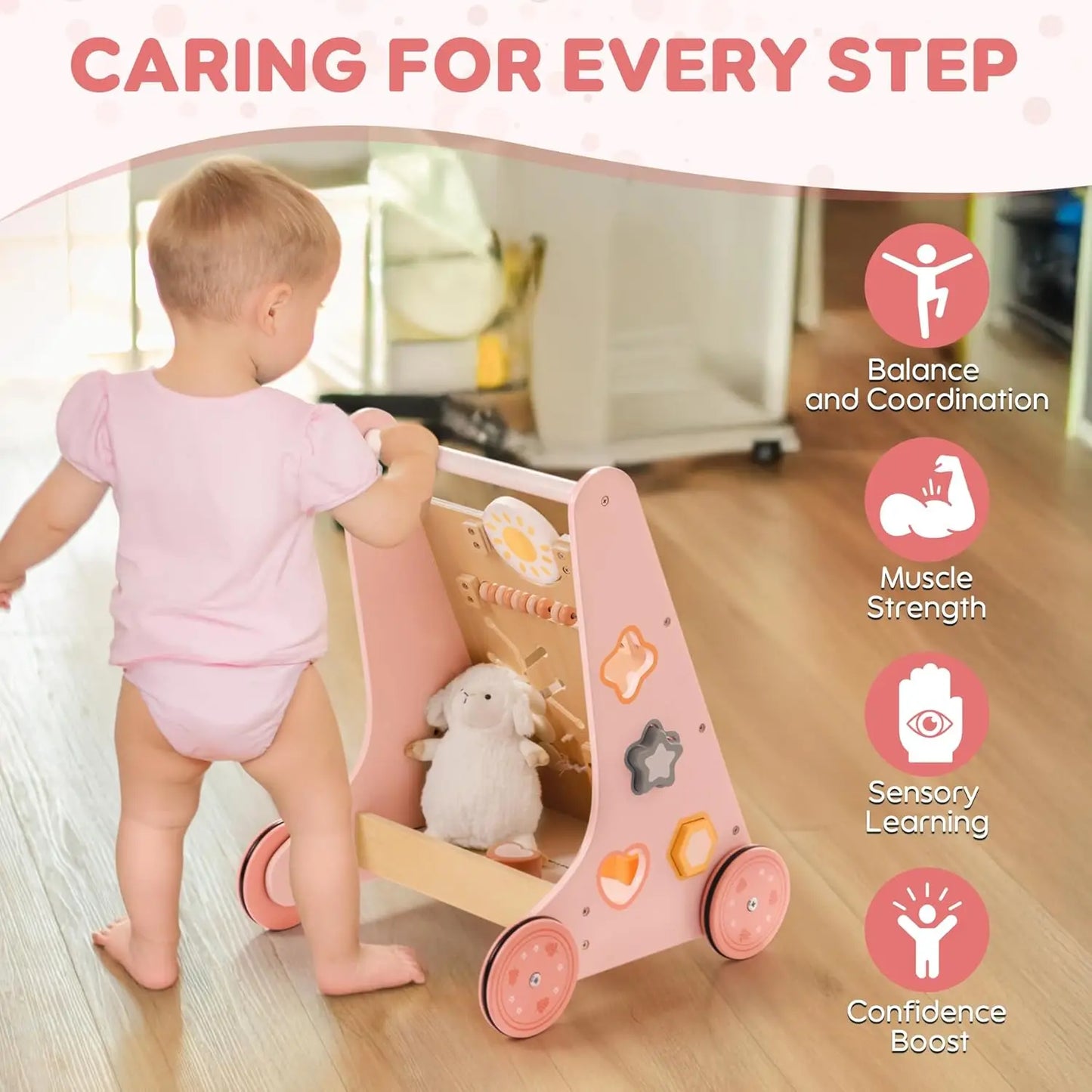Robud Wooden Baby Push Walker Pink