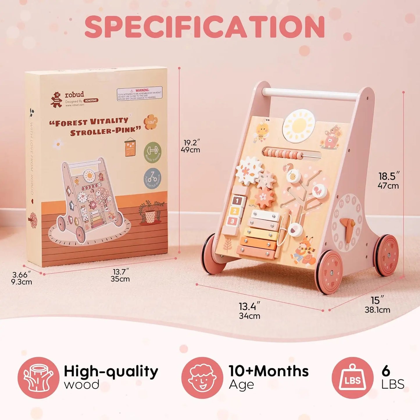 Robud Wooden Baby Push Walker Pink