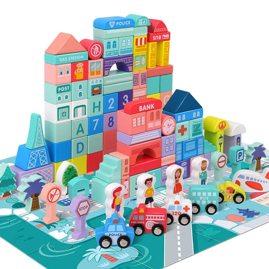 Colorful wooden city building blocks set with vehicles, people, and road signs for kids