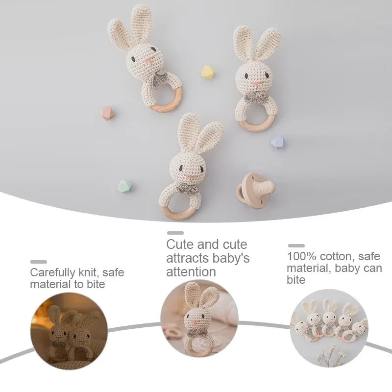 🐰 Baby Crochet Rattle & Wooden Teether - JOYFULBLOCKS