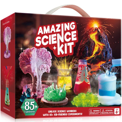 Amazing Science Kit for kids with erupting volcano, crystals, colorful beakers, and 85+ experiments