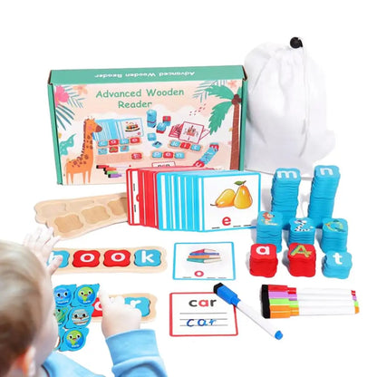 Child playing with Advanced Wooden Reader educational spelling game, colorful cards, and letter tiles.