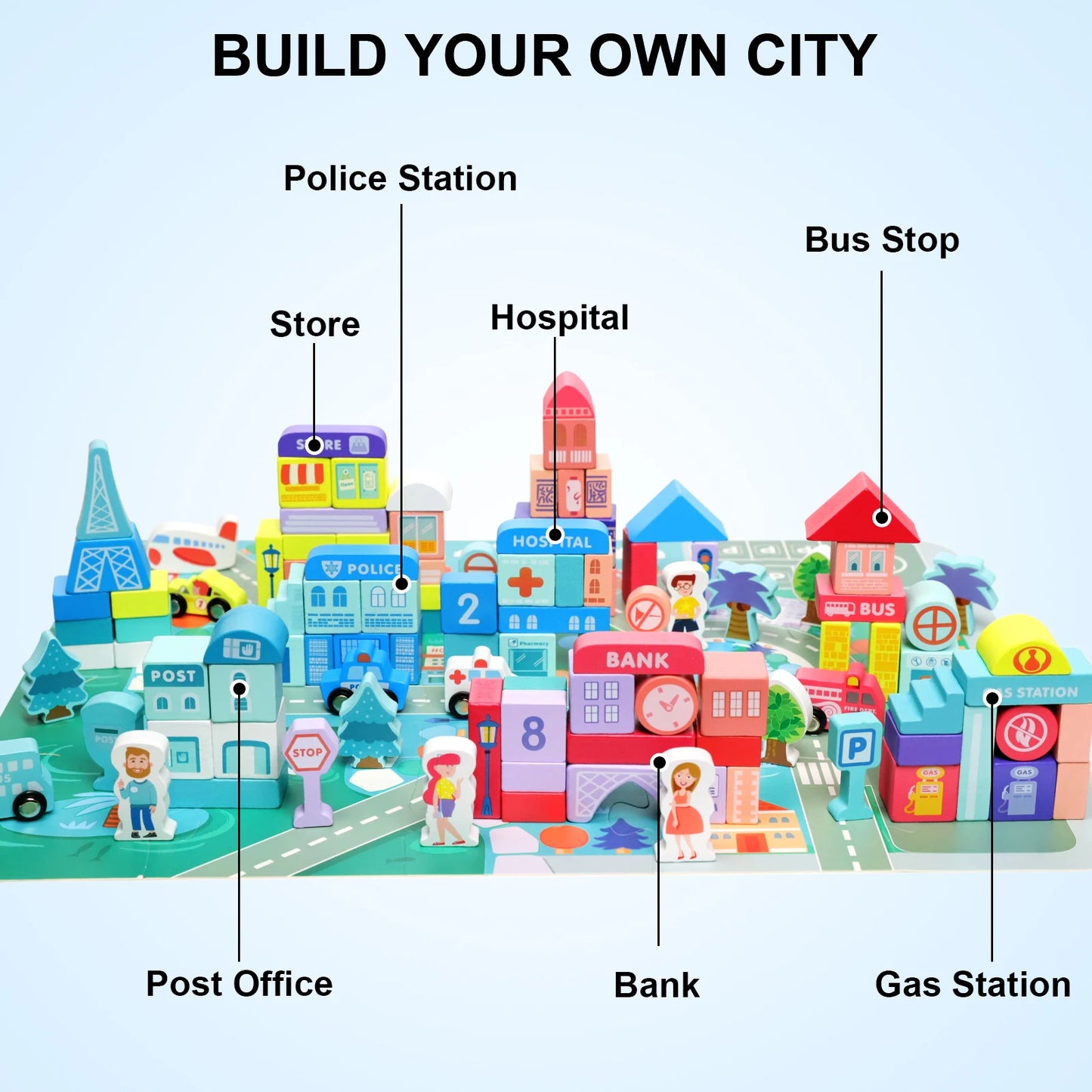 Wooden Building Blocks Set with City Map