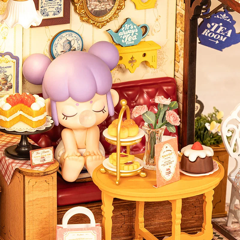 Cute purple-haired doll in vintage tea room with cakes, tiered stand, and flowers on table