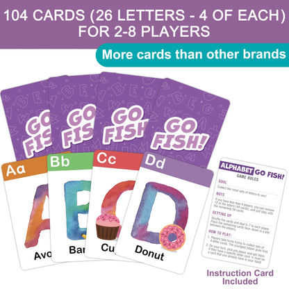 Alphabet Go Fish card game set with colorful letter cards and instruction card for kids