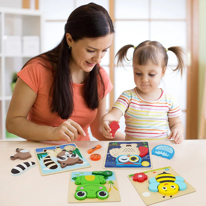 Mother and child playing with colorful wooden animal puzzles at a table
