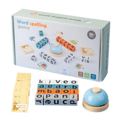 Word spelling game set with letter blocks, English cards, and blue bell for kids learning