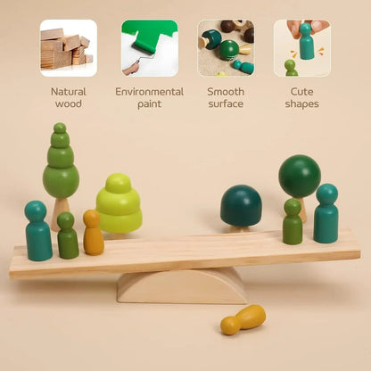 Wooden balance toy with painted trees, figures, and eco-friendly features on display.