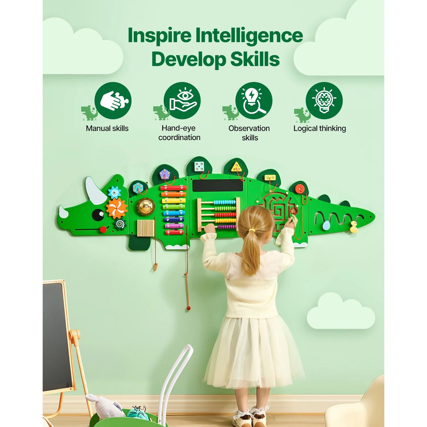 Wooden Wall Mounted Busy Board-Dinosaur