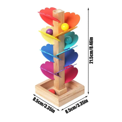 Wooden marble run toy with colorful flower-shaped ramps, 21.5cm tall, for kids.
