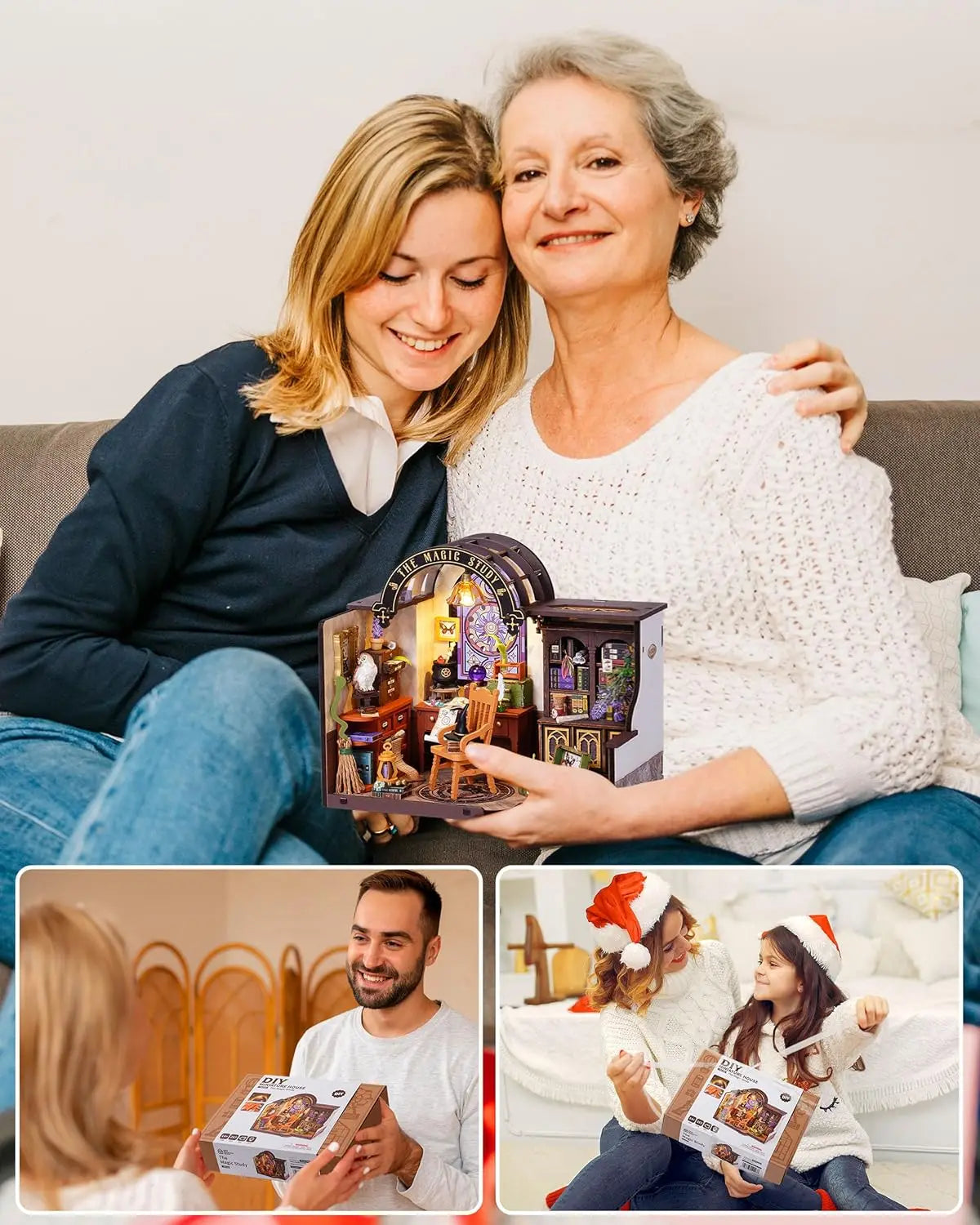 People gifting and assembling a DIY miniature house kit, including a holiday scene
