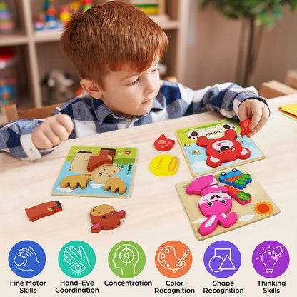 Child playing with animal wooden puzzles for toddler learning, fine motor and cognitive skills