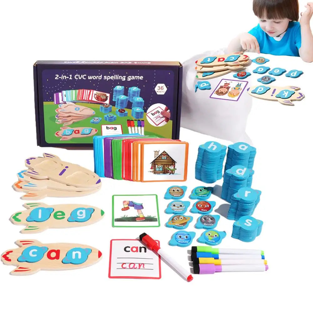 2-in-1 CVC word spelling game with cards, letter tiles, and child playing