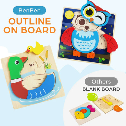BenBen wooden animal puzzles for kids, featuring owl and duck designs with outlined boards.