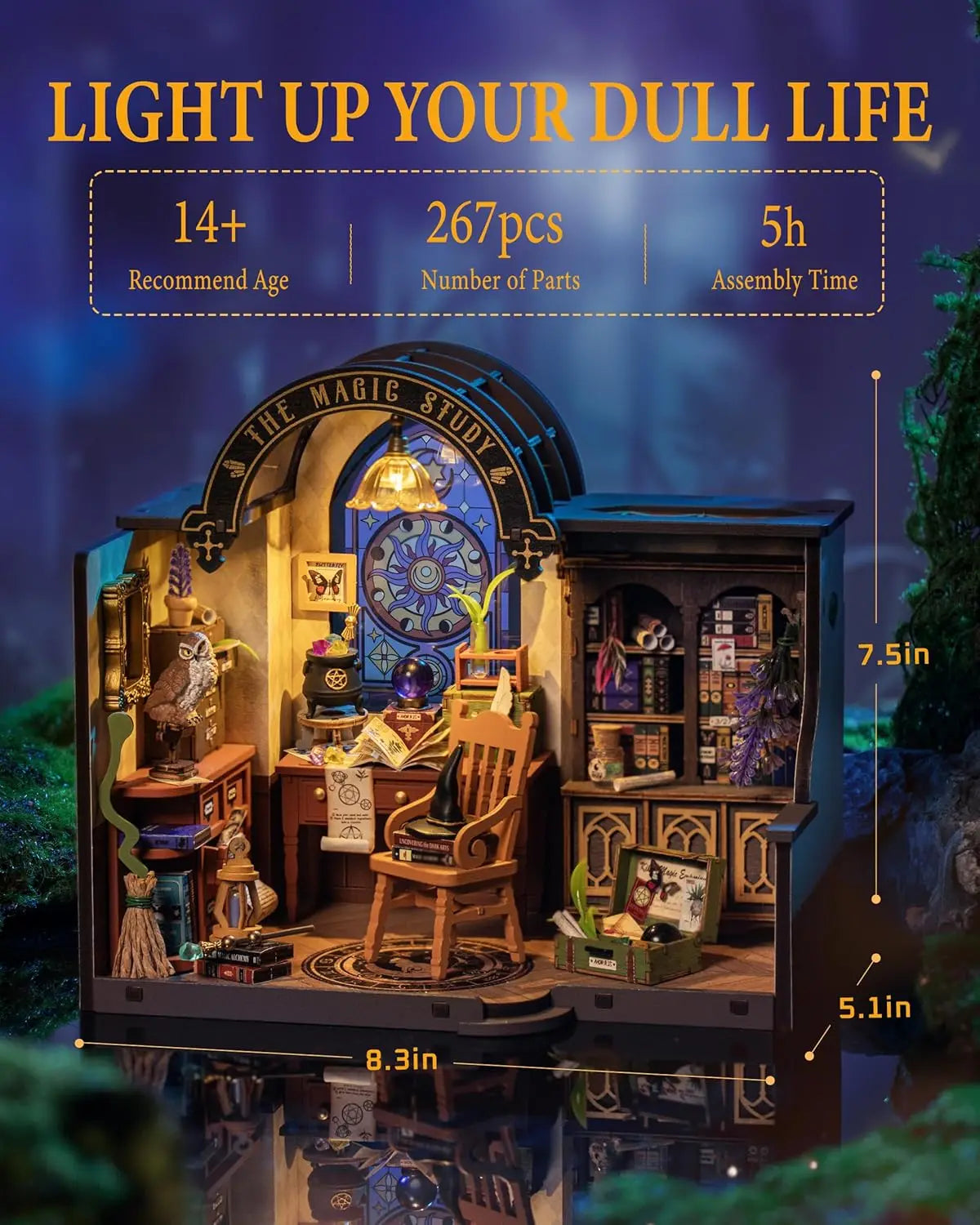 Miniature magic study room DIY kit, 267 pieces, with wizard decor and bookshelves, 8.3x7.5x5.1 inches