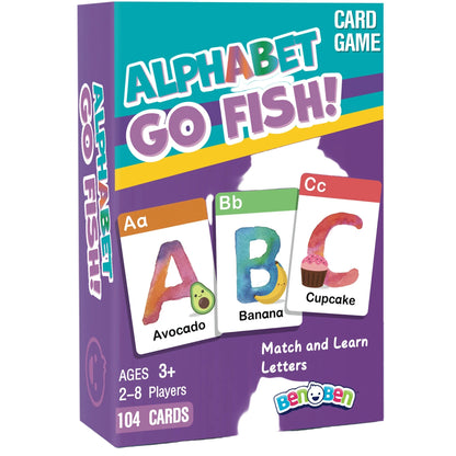 Alphabet Go Fish card game box with ABC cards, educational toy for kids ages 3 and up