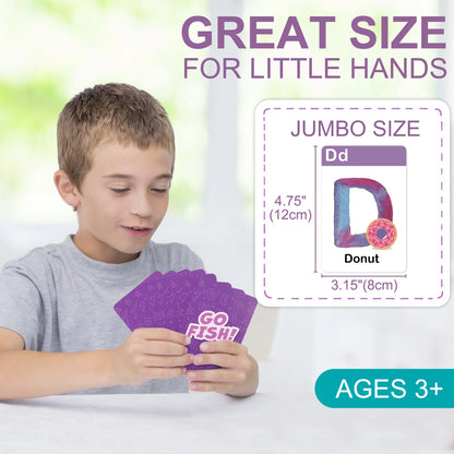 Child playing Go Fish card game with jumbo alphabet cards, great for ages 3 and up
