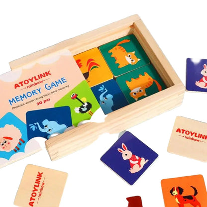 AtoyLink rainbow memory game with animal cards in a wooden box, colorful kids matching toy