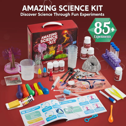 Amazing science kit for kids with lab tools, test tubes, volcano model, and experiment guide.