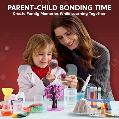 Parent and child doing science experiment with lab kit, colorful liquids, and model volcano
