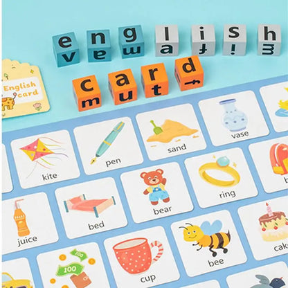 English learning flashcards and letter blocks for kids with illustrated words and objects