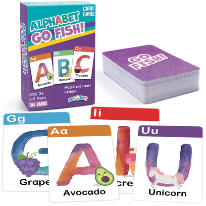 Alphabet Go Fish card game box, cards with letters and playful illustrations for kids.