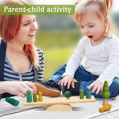 Mother and child playing with wooden balance toy outdoors, parent-child activity