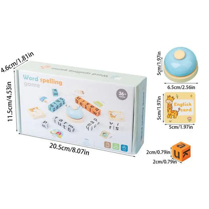 Word spelling game box with dimensions, English card, bell, and letter cube for kids
