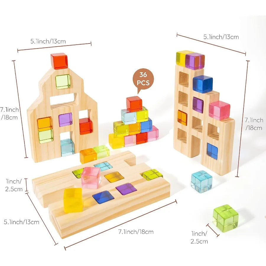 36-Piece Rainbow Wooden Building Blocks Set