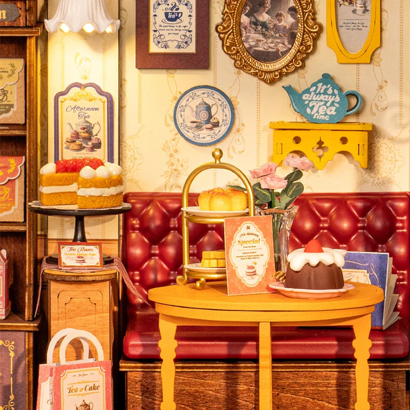 Vintage tea room scene with cakes, pastries, red booth, floral decor, and dessert menu