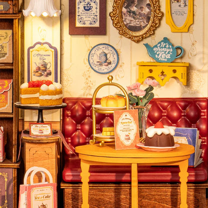Vintage tea room scene with cakes, pastries, red booth, floral decor, and dessert menu