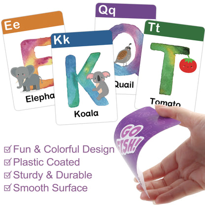 Colorful alphabet Go Fish cards featuring animals and objects, plastic coated and durable