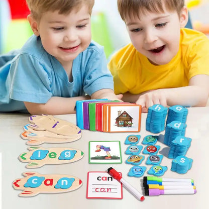 Two kids playing with colorful educational word and letter matching games at a table