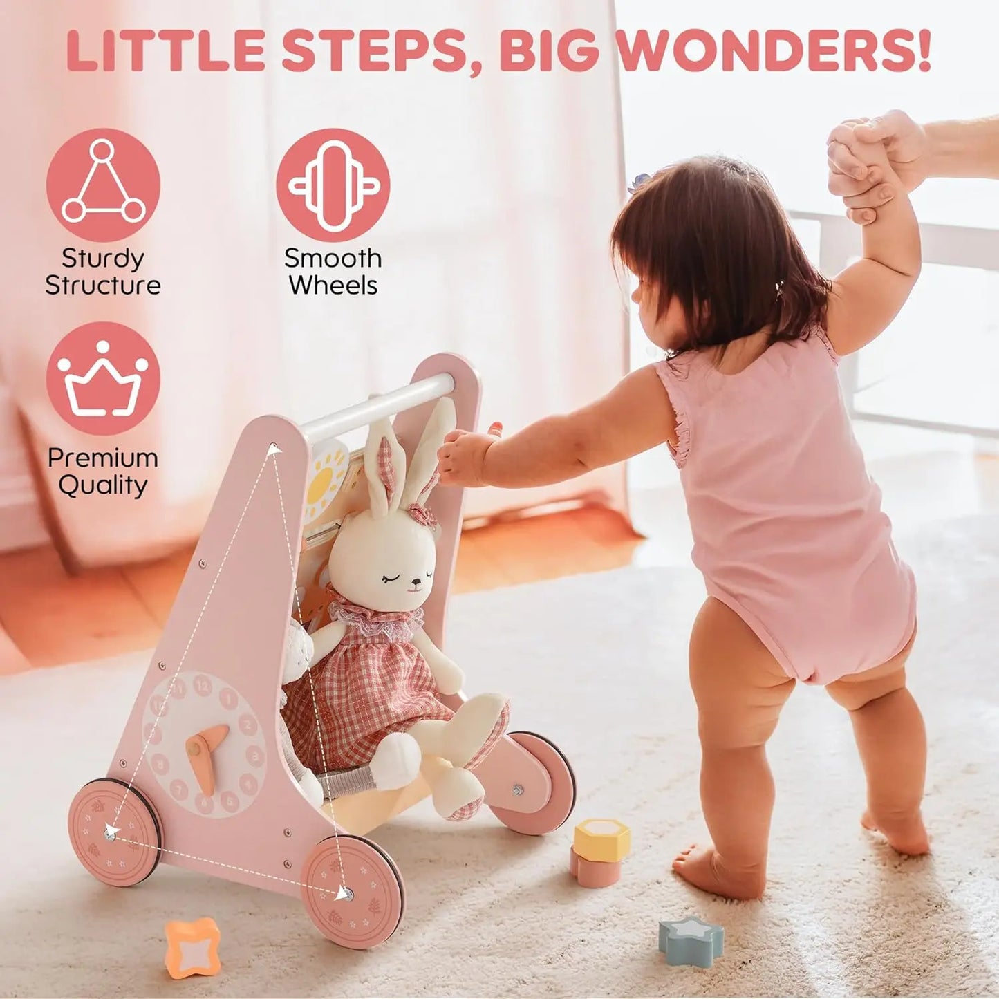 Robud Wooden Baby Push Walker Pink