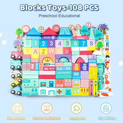 Colorful 108 piece preschool educational city building blocks toy set with numbers, letters, vehicles, and buildings.