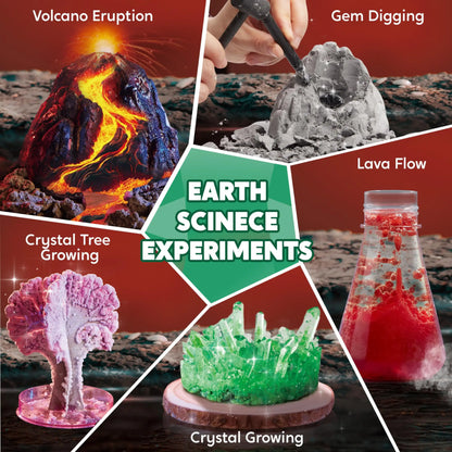 Earth science experiments kit showing volcano eruption, gem digging, lava flow, crystal tree, and crystal growing