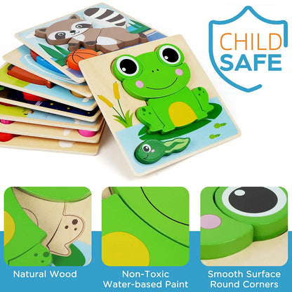 Stack of wooden animal puzzles for kids, child safe, natural wood, non-toxic paint.