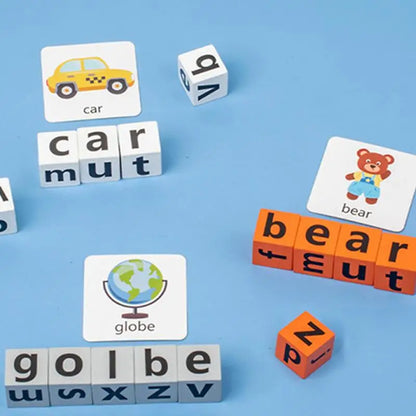 Educational word spelling blocks and flashcards for kids on a blue background