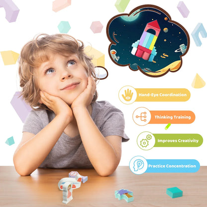 Smiling child at desk with wooden toys, dreaming of rocket, kids creativity and learning benefits.