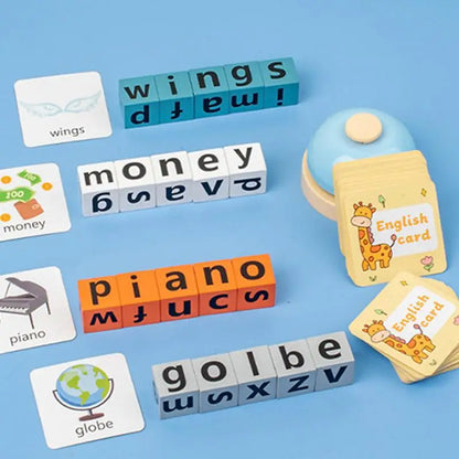 English word learning blocks, flashcards, and bell on blue background for kids.