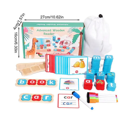 Advanced Wooden Reader educational spelling game with letter tiles, cards, and markers.