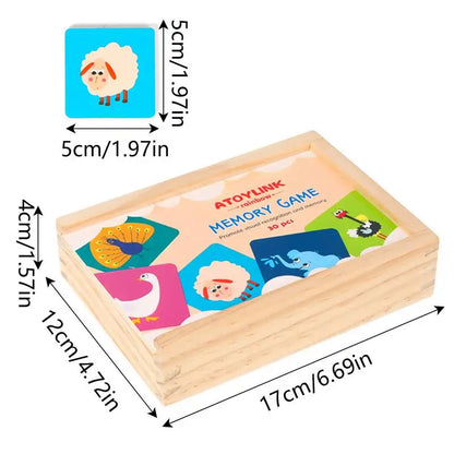 AToyLink memory game box with animal cards and size dimensions in centimeters and inches.