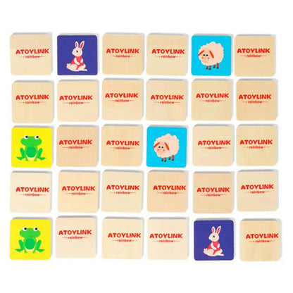 AToyLink wooden memory game tiles with animal illustrations and logo, educational toy.