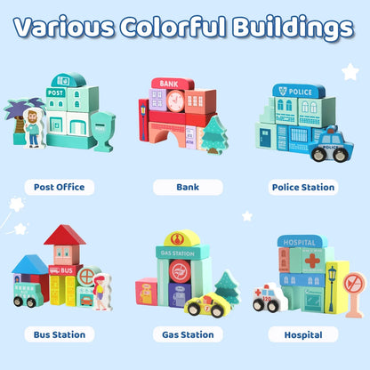 Colorful toy buildings set featuring post office, bank, police station, bus station, gas station, and hospital.