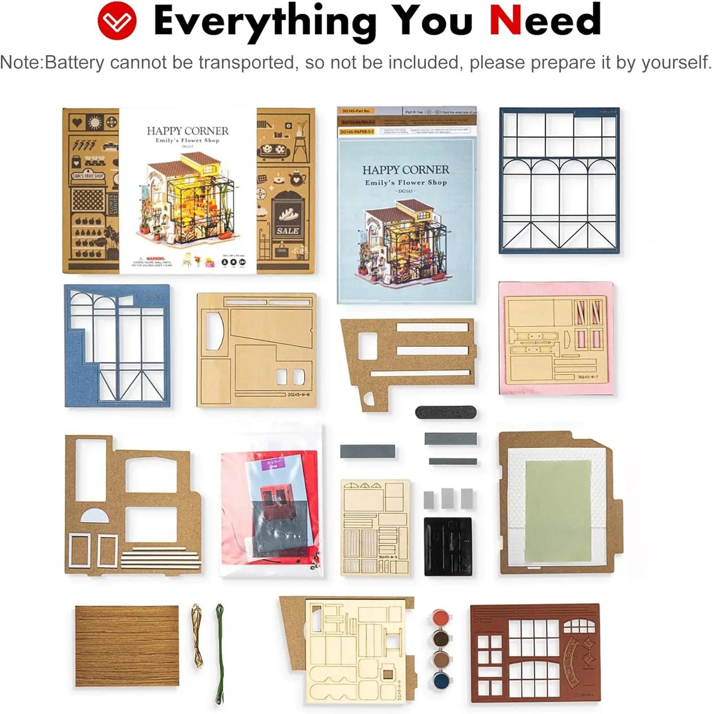 Emily's Flower Shop DIY miniature kit with wooden parts, instructions, and assembly materials