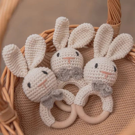🐰 Baby Crochet Rattle & Wooden Teether - JOYFULBLOCKS