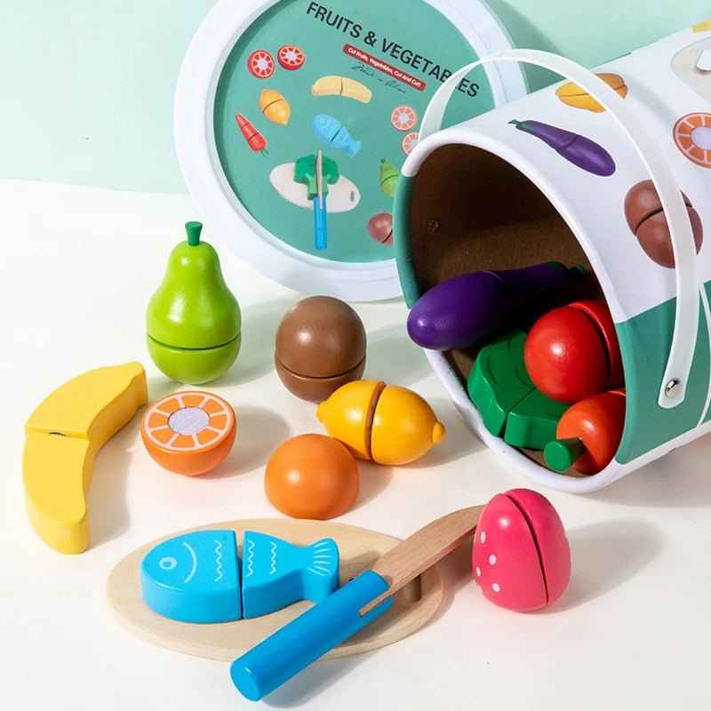🍓 Wooden Pretend Kitchen Toy – Montessori Cutting Fruits & Veggies 🥕 - JOYFULBLOCKS