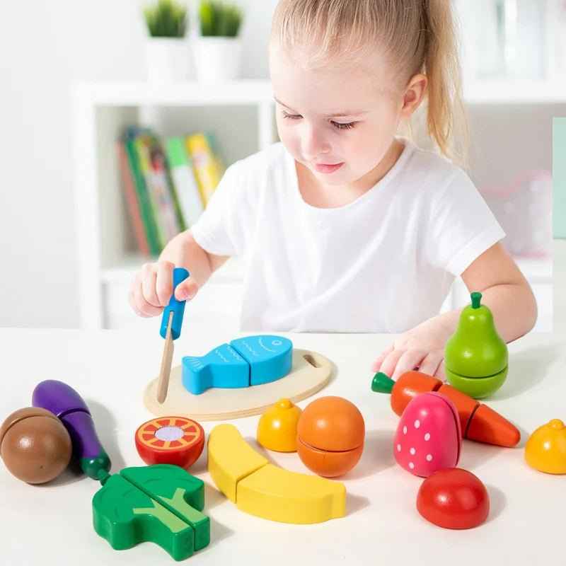 🍓 Wooden Pretend Kitchen Toy – Montessori Cutting Fruits & Veggies 🥕 - JOYFULBLOCKS